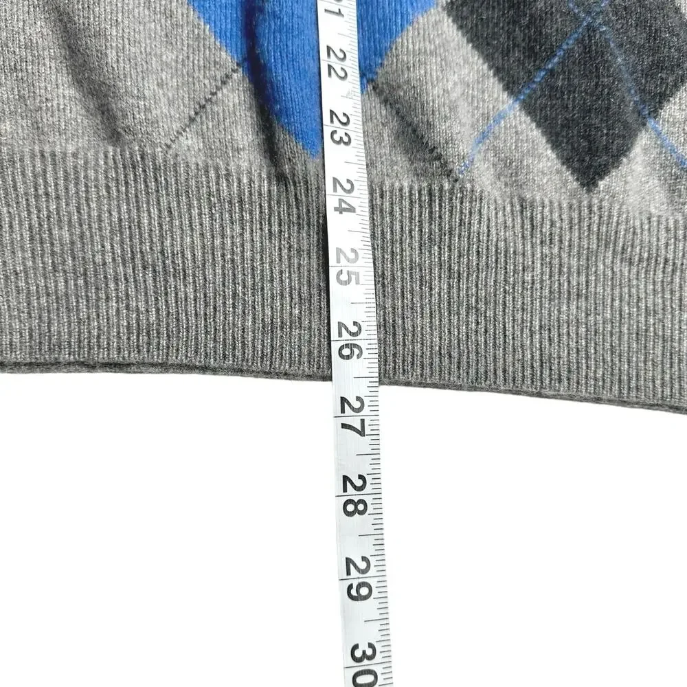 Allen Solly | Men | 100% 2-Ply Cashmere Gray Argyle V-Neck Sweater | Size Large